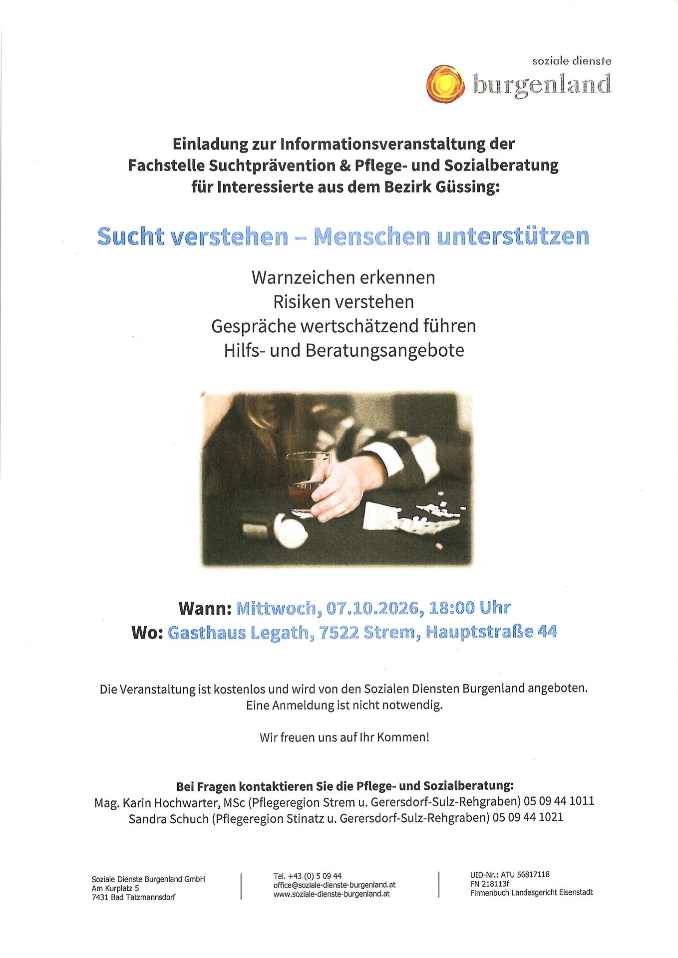 Mehr über den Artikel erfahren Einladung zur Infoveranstaltung „Sucht verstehen – Menschen unterstützen“